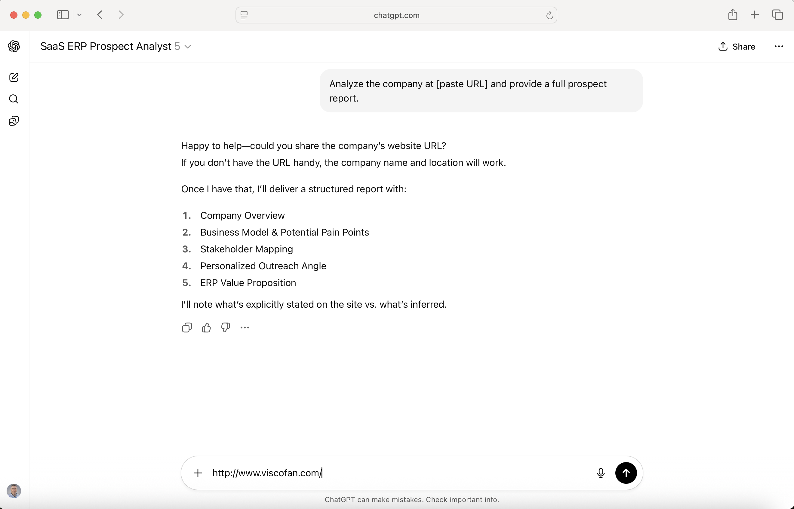 I entered a prospect website address (URL)